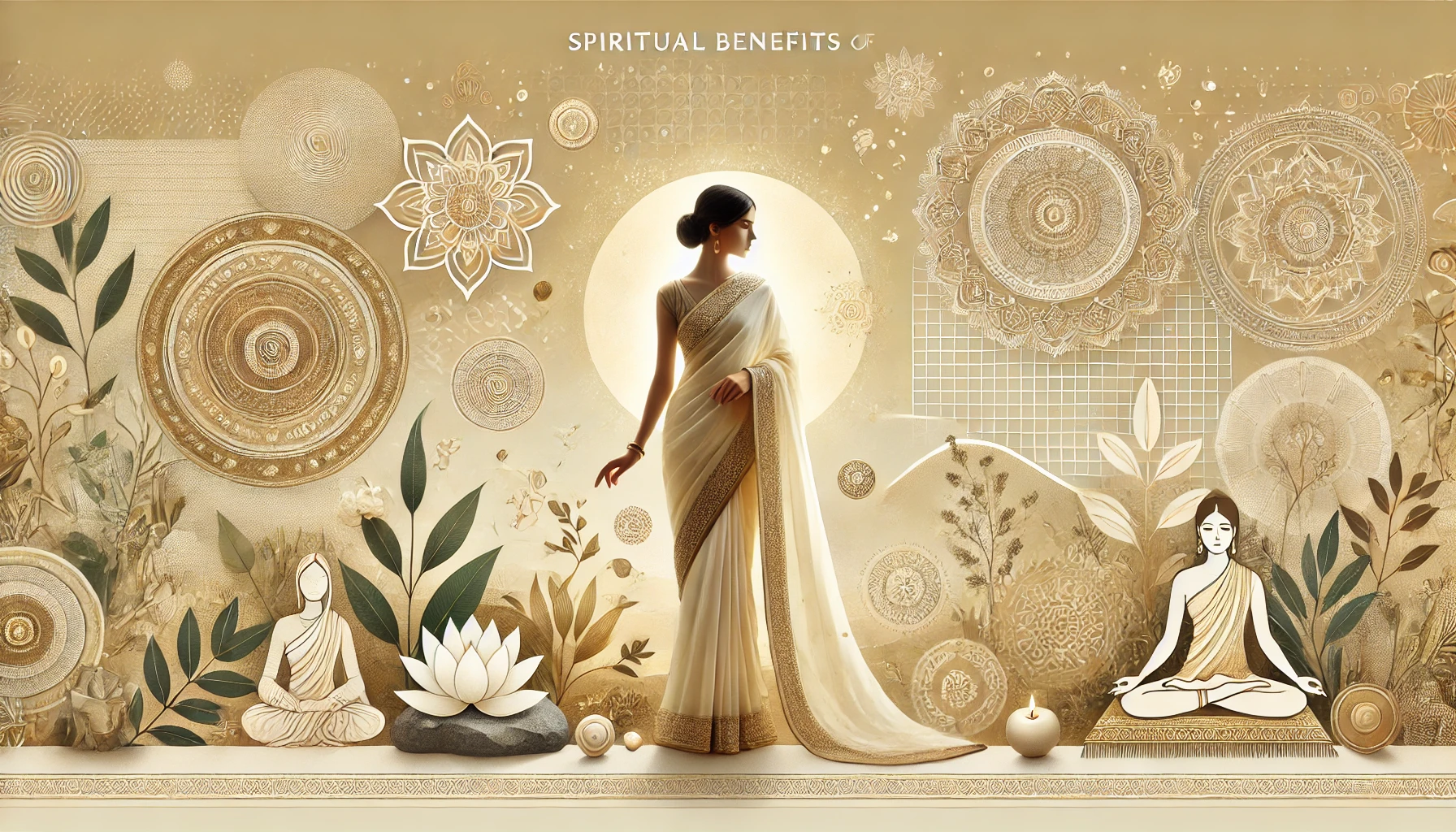 A serene and elegant blog banner for the topic 'Spiritual Benefits of Wearing a Saree.' The design features a woman dressed in a traditional saree